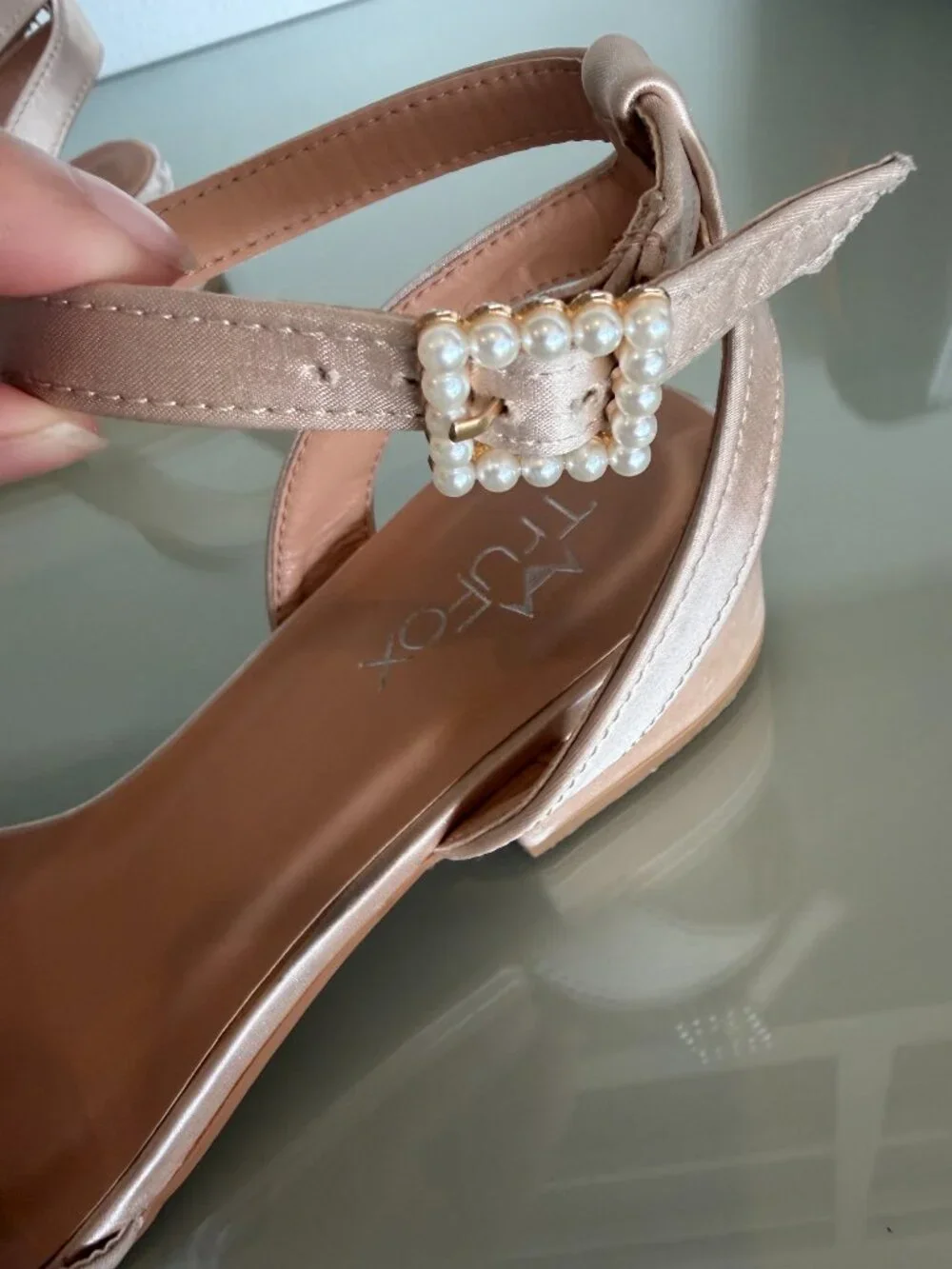 TruFox Girls 6 Blush Satin Pearl Block Heel Sandals Flower Girl Wedding Shoes